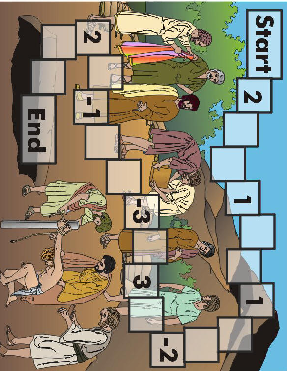 A gameboard for use with review questions showing Joseph being sold by his brothers.