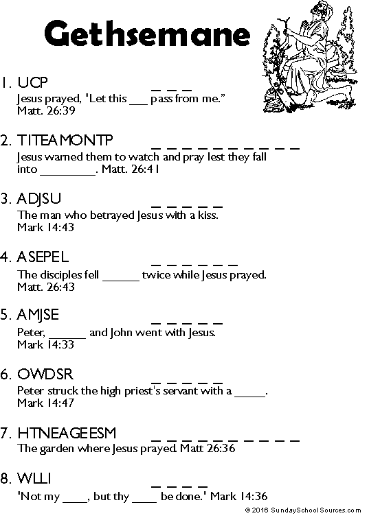 A word scramble worksheet about Jesus in Gethsemane.