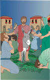 Color Graphic: Jesus enters Jerusalem on a donkey on Palm Sunday